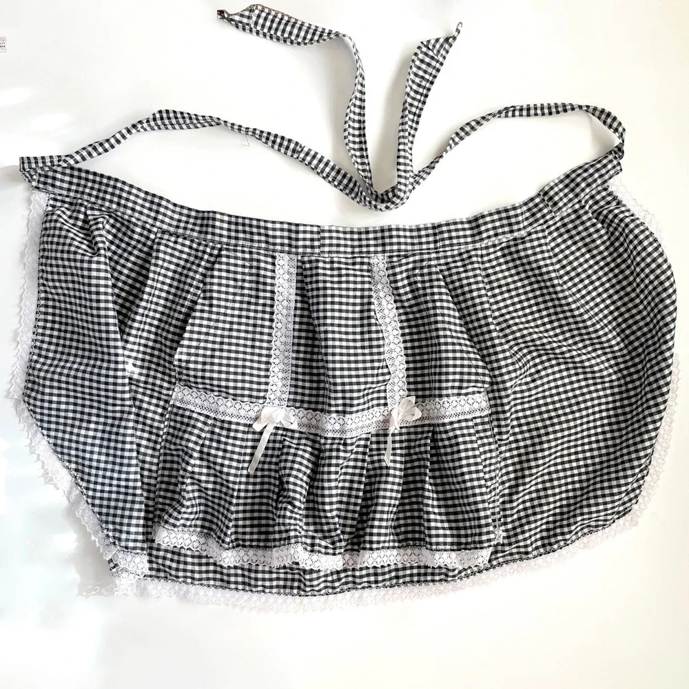 Vintage Gingham Half Apron Black White Check Lace Trim Bows Cottagecore Retro